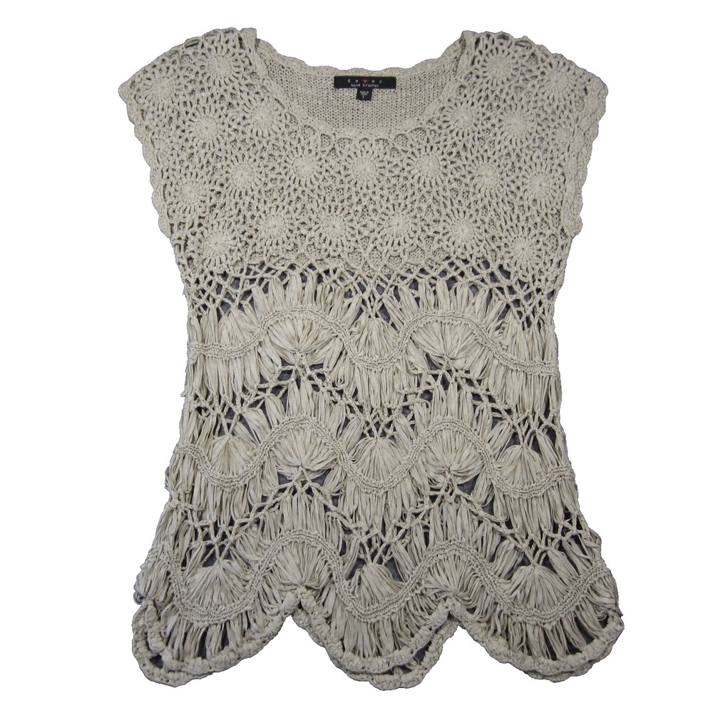 Fever Hand Crocheted Top L Beige Pullover Open Knit Sheer Boho Beach Chic‎ Y2K
